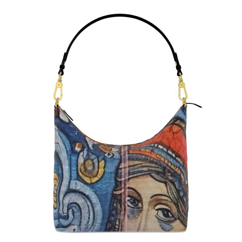 Rich and Rich Whimsical Blue Women's Square Designer Leather Hobo Bag in premium full-grain Nappa leather