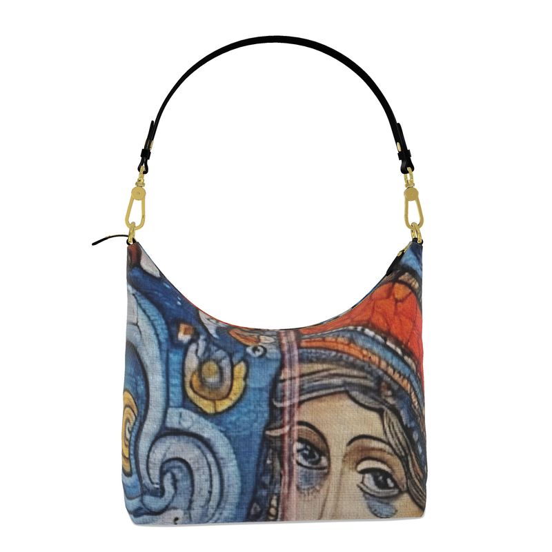 Rich and Rich Whimsical Blue Women's Square Designer Leather Hobo Bag in premium full-grain Nappa leather