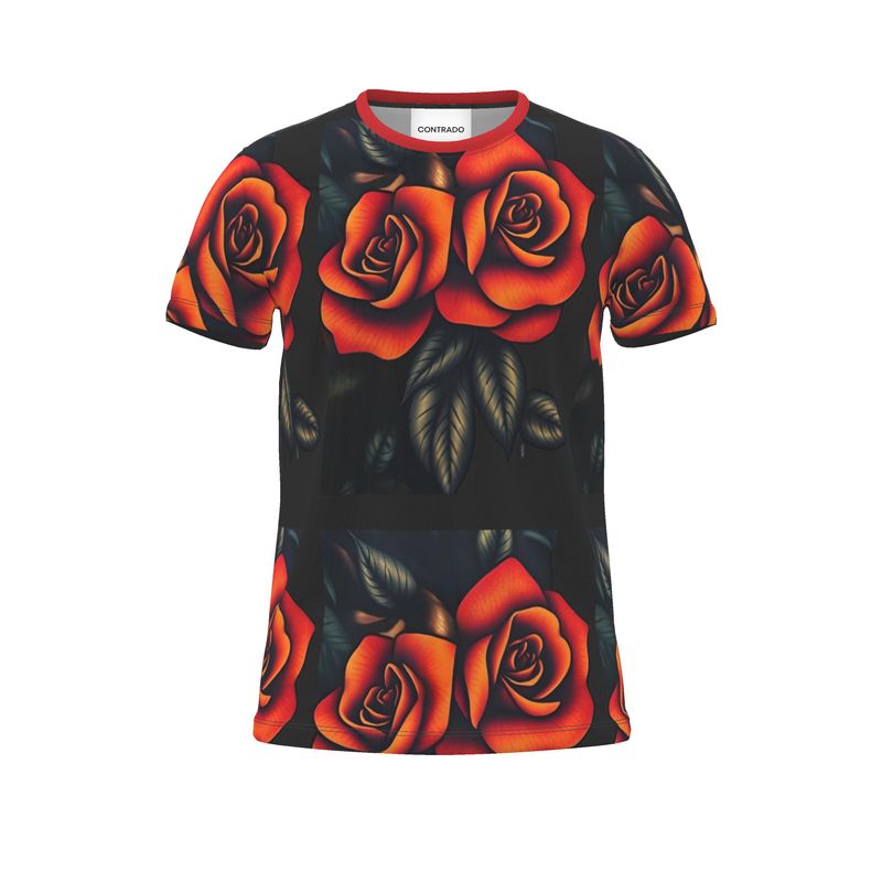 R&RH Burnt Orange Roses T-Shirt featuring vibrant rose print on burnt orange background