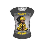 Gray women's graphic t-shirt with 'Sweet Revenge' print, scoop neck and cap sleeves — alternate view