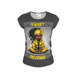 Gray women's graphic t-shirt with 'Sweet Revenge' print, scoop neck and cap sleeves — product detail