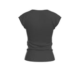 Gray women's graphic t-shirt with 'Sweet Revenge' print, scoop neck and cap sleeves — side view