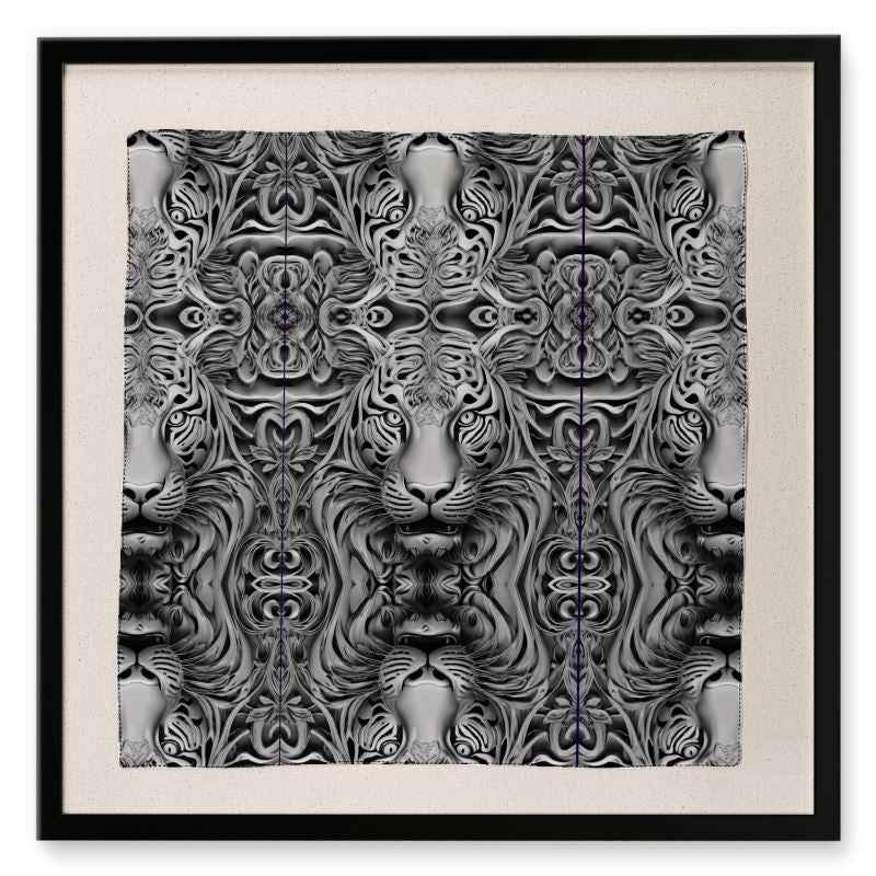 Framed silk scarf showing a black-and-white lion portrait in an FSC wooden frame with acrylic pane