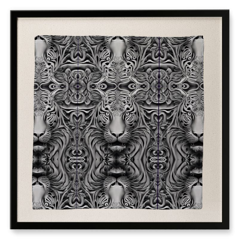 R&RH Black and Gray Tiger Gallery framed silk scarf showcasing bold tiger artwork on premium silk