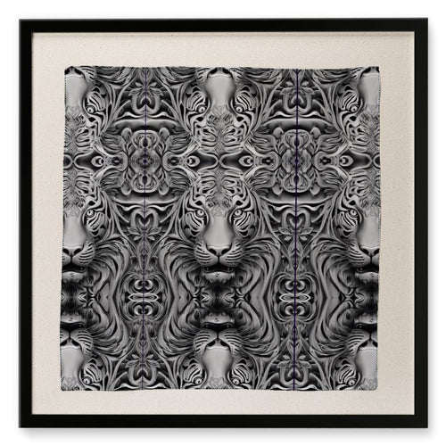 R&RH Black and Gray Tiger Gallery framed silk scarf showcasing bold tiger artwork on premium silk