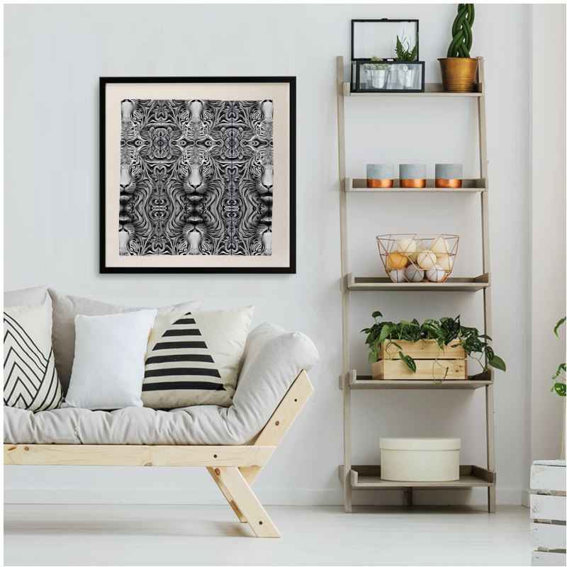 Framed silk scarf showing a black-and-white lion portrait in an FSC wooden frame with acrylic pane — alternate view