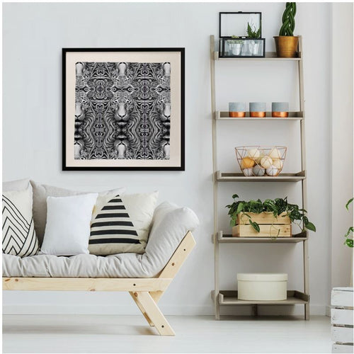 R&RH Black and Gray Tiger Gallery framed silk scarf showcasing bold tiger artwork on premium silk