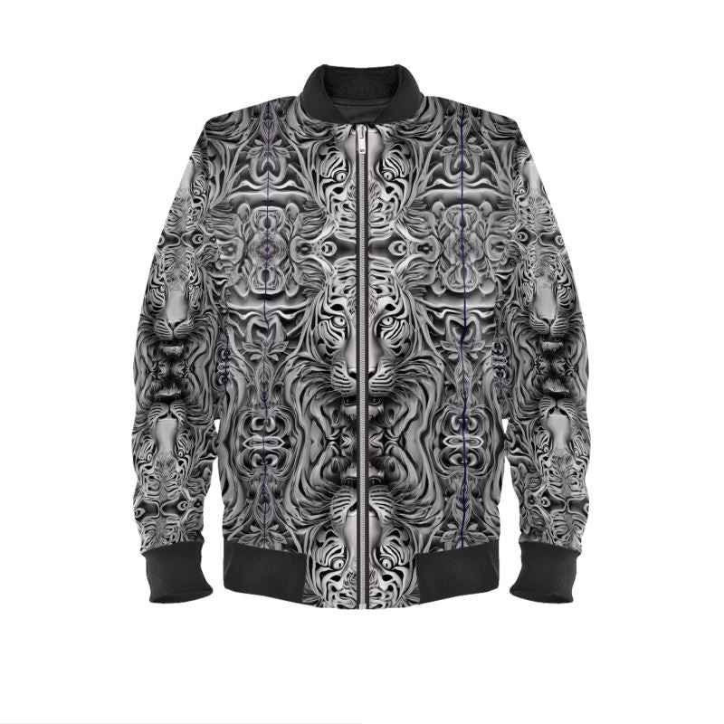 Classic-fit bomber jacket with gray tiger print, fully lined interior and ribbed cuffs and waist