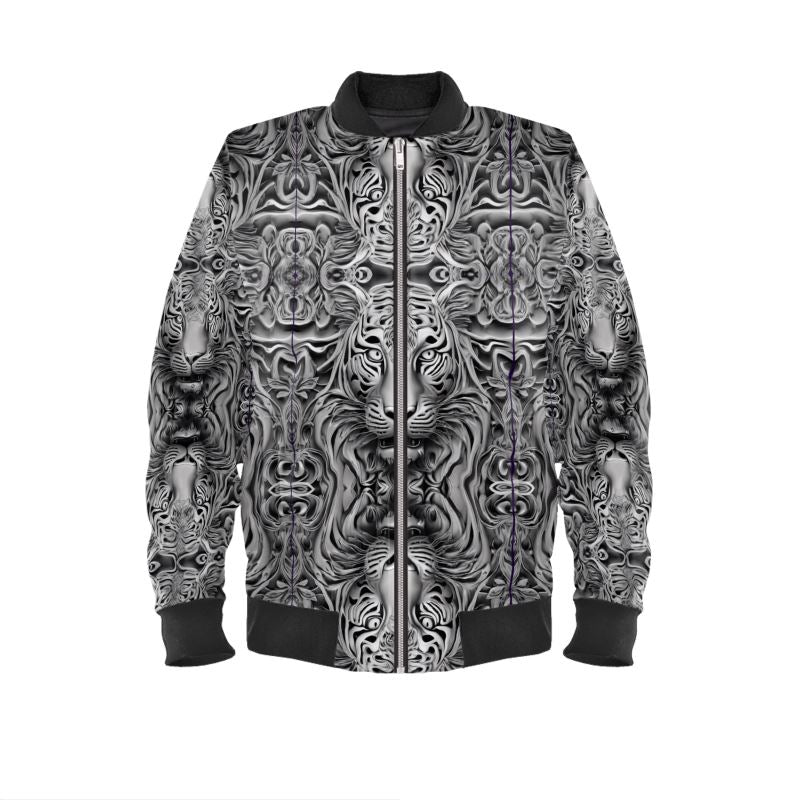 Mens Gray Tiger Bomber Jacket with tiger print, ribbed cuffs, and zip closure