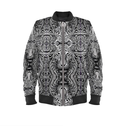 Mens Gray Tiger Bomber Jacket with tiger print, ribbed cuffs, and zip closure