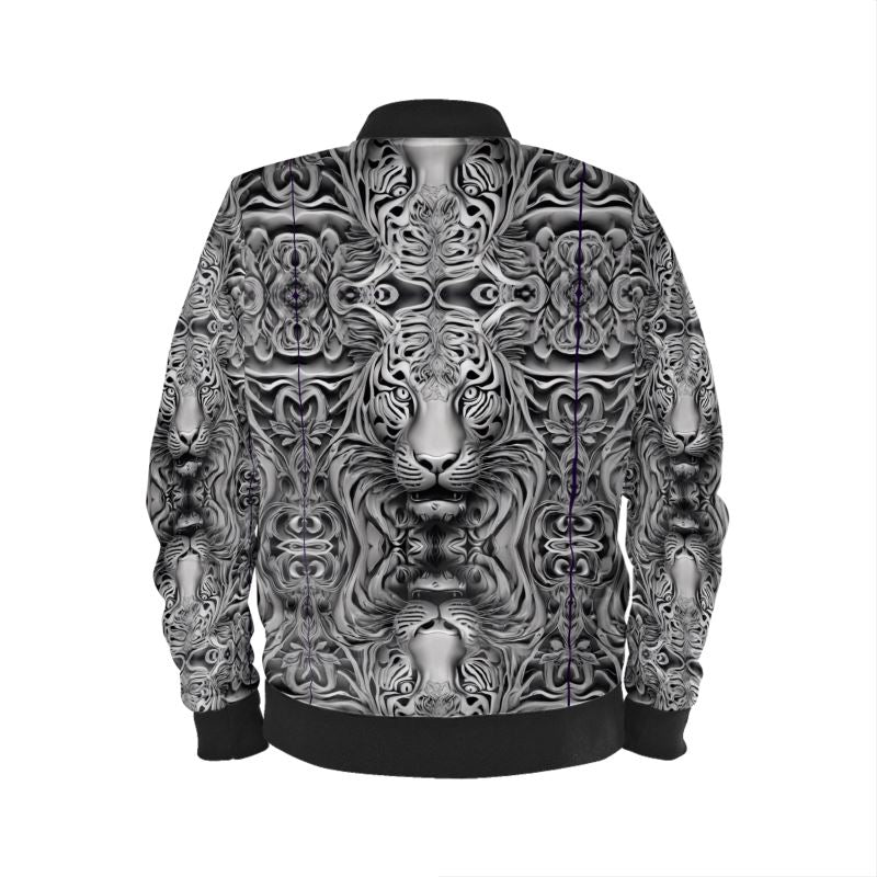 Mens Gray Tiger Bomber Jacket with tiger print, ribbed cuffs, and zip closure