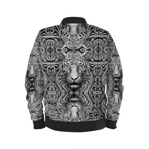 Mens Gray Tiger Bomber Jacket with tiger print, ribbed cuffs, and zip closure