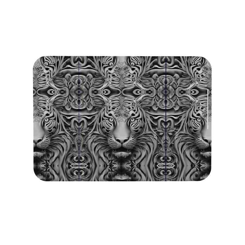 Black Nappa leather backpack with lion print, adjustable shoulder straps and two interior pockets — rear view