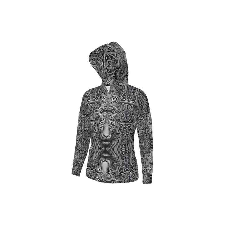 Gray unisex hoodie with animal portrait print, relaxed fit and woven 100% poly fabric