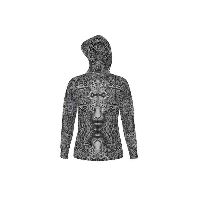 Gray unisex hoodie with animal portrait print, relaxed fit and woven 100% poly fabric — alternate view