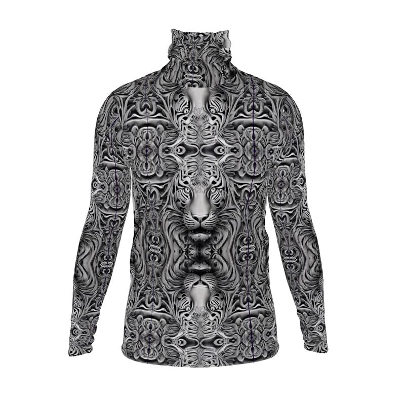 Mens slim-fit gray roll neck sweater featuring artistic animal portrait design