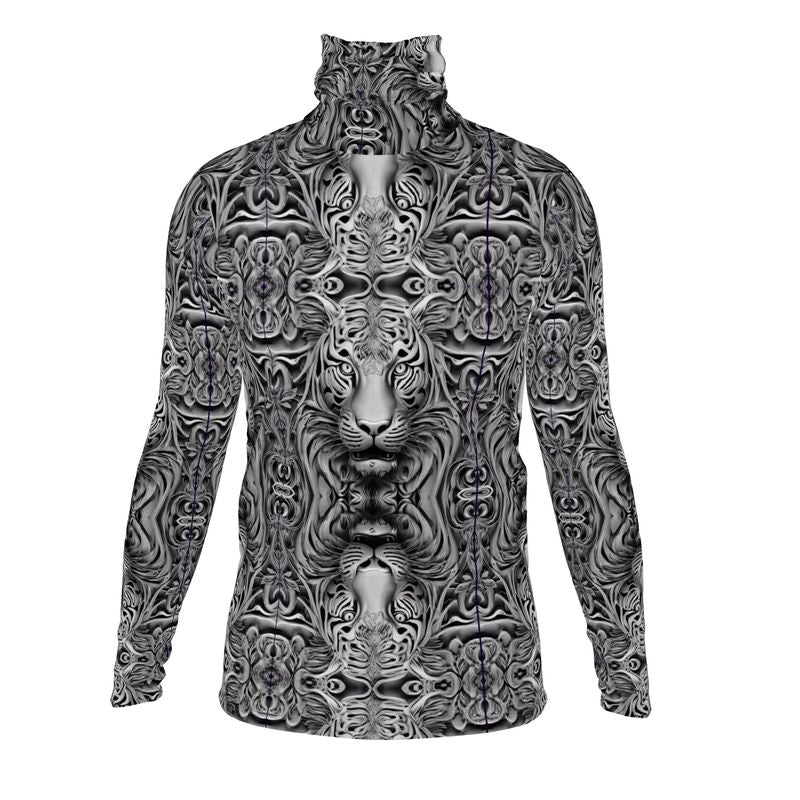 Mens slim-fit gray roll neck sweater featuring artistic animal portrait design