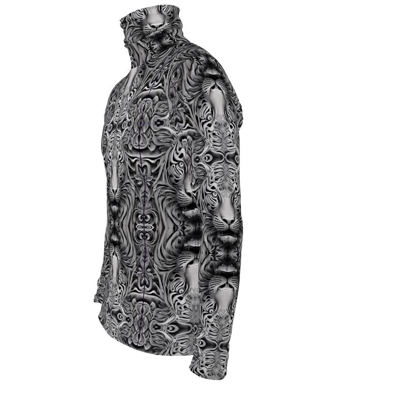 Mens slim-fit gray roll neck sweater featuring artistic animal portrait design