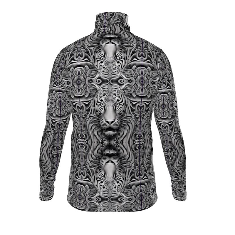 Mens slim-fit gray roll neck sweater featuring artistic animal portrait design