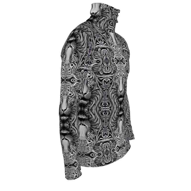 Slim men's roll-neck sweater with gray animal portrait print, long sleeves and close fit — rear view
