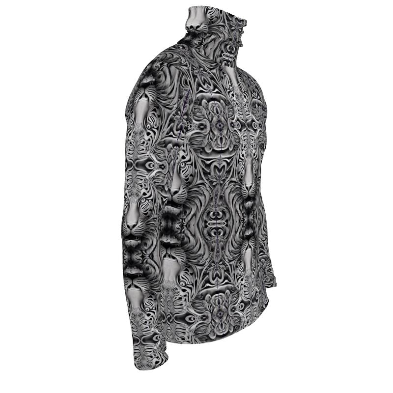 Mens slim-fit gray roll neck sweater featuring artistic animal portrait design