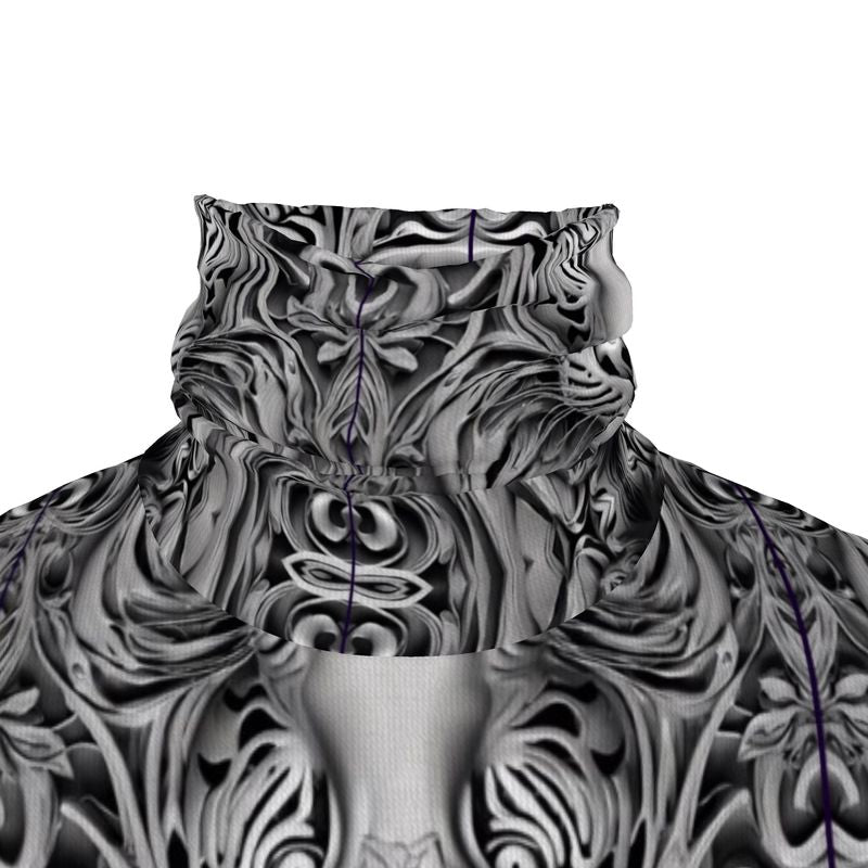 Mens slim-fit gray roll neck sweater featuring artistic animal portrait design