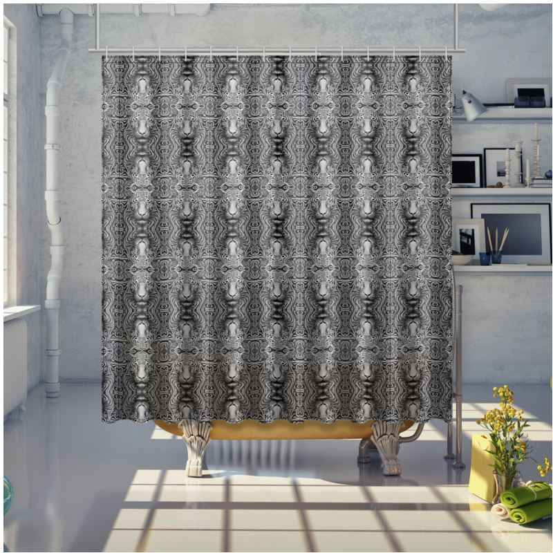 Waterproof shower curtain with gray animal portrait print, slight sheen and nickel eyelets