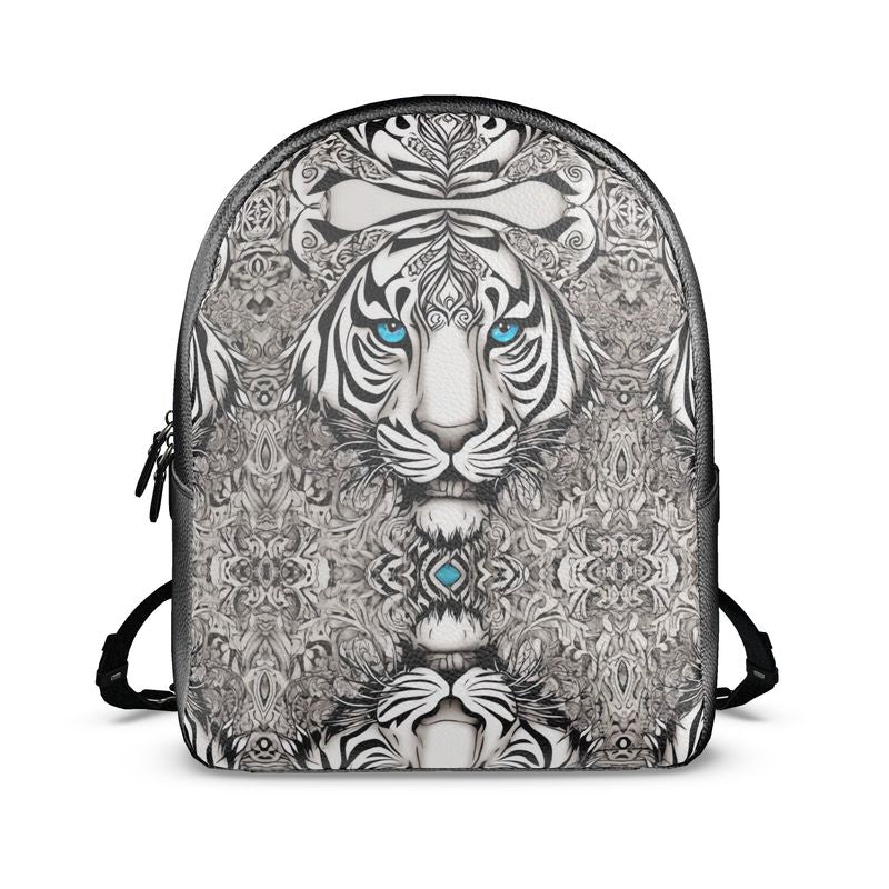 Nappa leather backpack with blue-eyed lion artwork, adjustable shoulder straps and two interior pockets — rear view