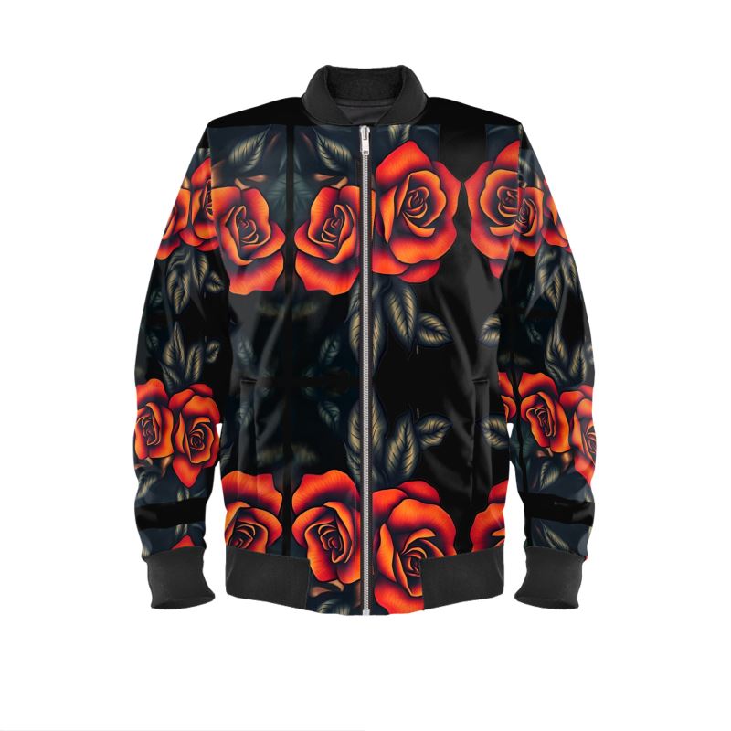 R&RH Burnt Orange Roses Designer Originals Mens Bomber Jacket