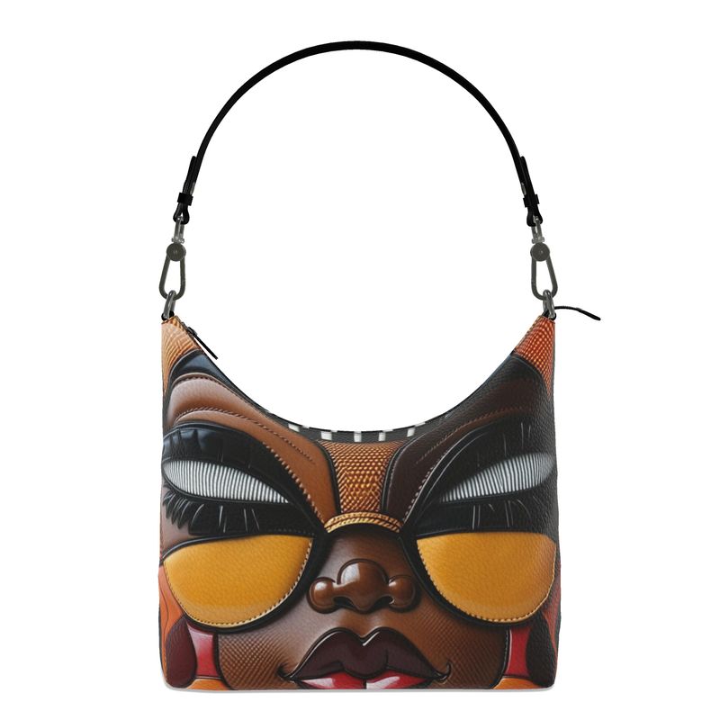 Square brown Nappa leather hobo bag with ethnic caricature print and detachable leather handle
