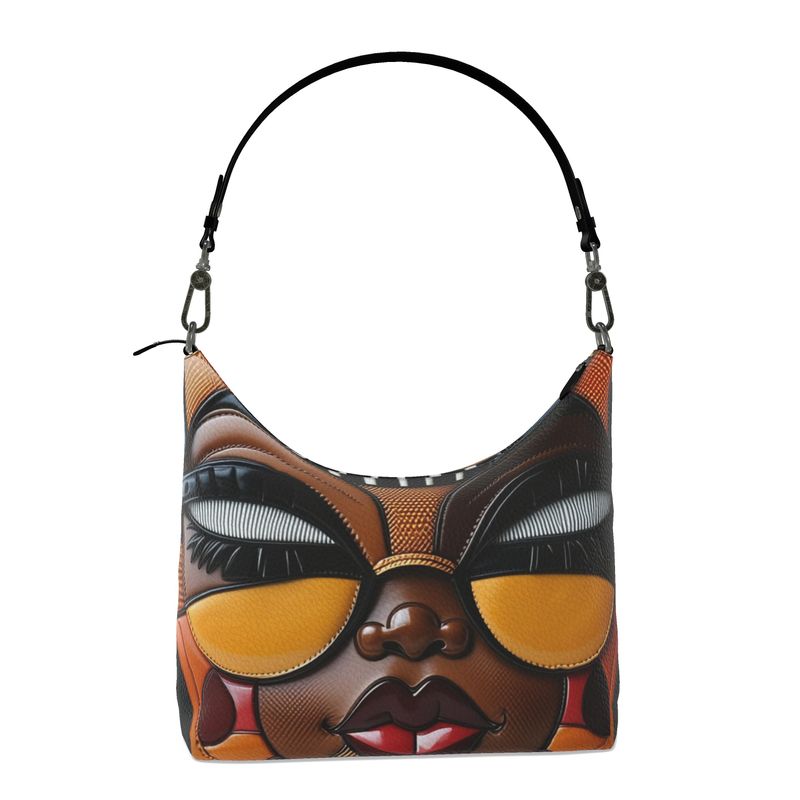 Square brown Nappa leather hobo bag with ethnic caricature print and detachable leather handle — alternate view
