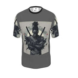 Grey long-sleeve men's T-shirt with ninja graphic and swords formed from black rose petals — rear view