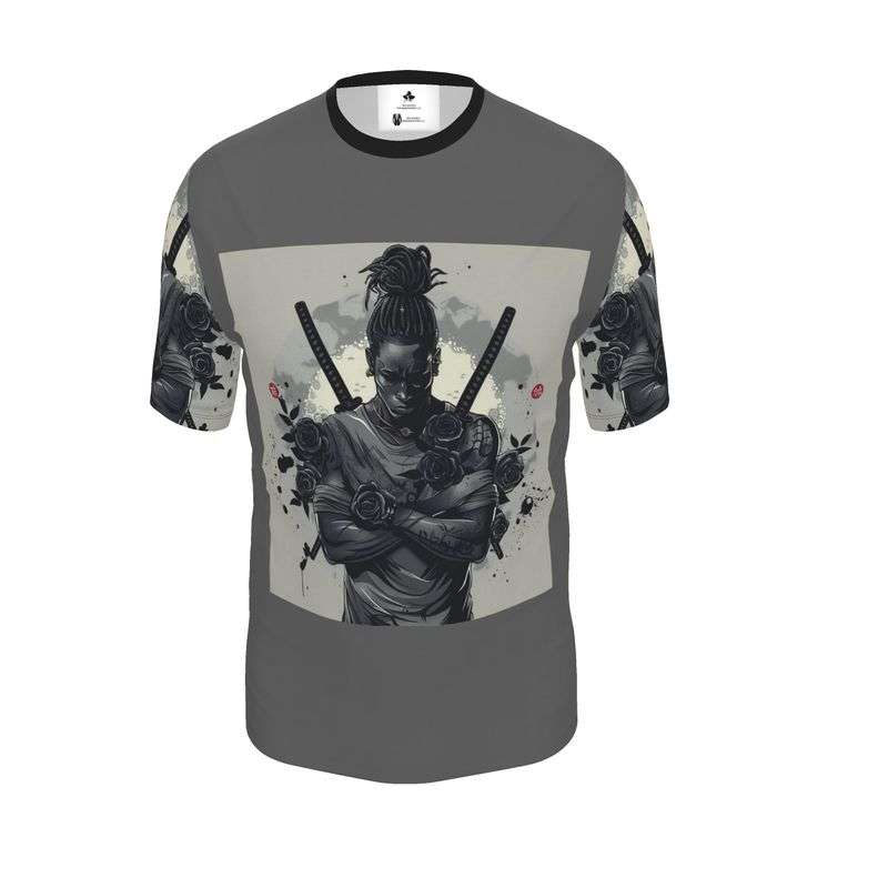 Grey long-sleeve men's T-shirt with ninja graphic and swords formed from black rose petals — rear view