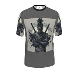 Grey long-sleeve men's T-shirt with ninja graphic and swords formed from black rose petals — additional view 6