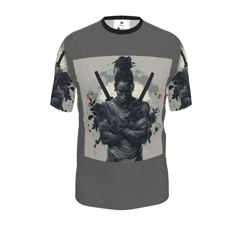 Grey long-sleeve men's T-shirt with ninja graphic and swords formed from black rose petals — additional view 6