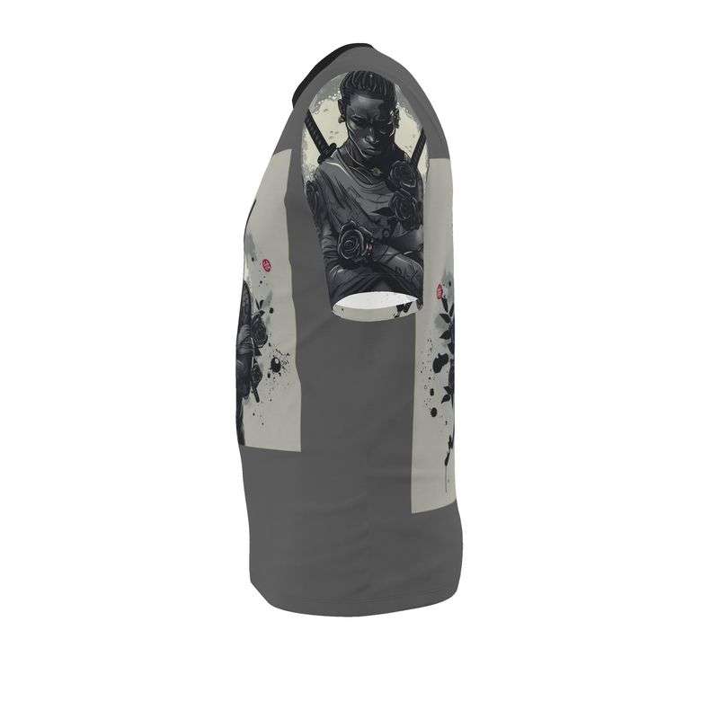 Grey long-sleeve men's T-shirt with ninja graphic and swords formed from black rose petals — additional view 7