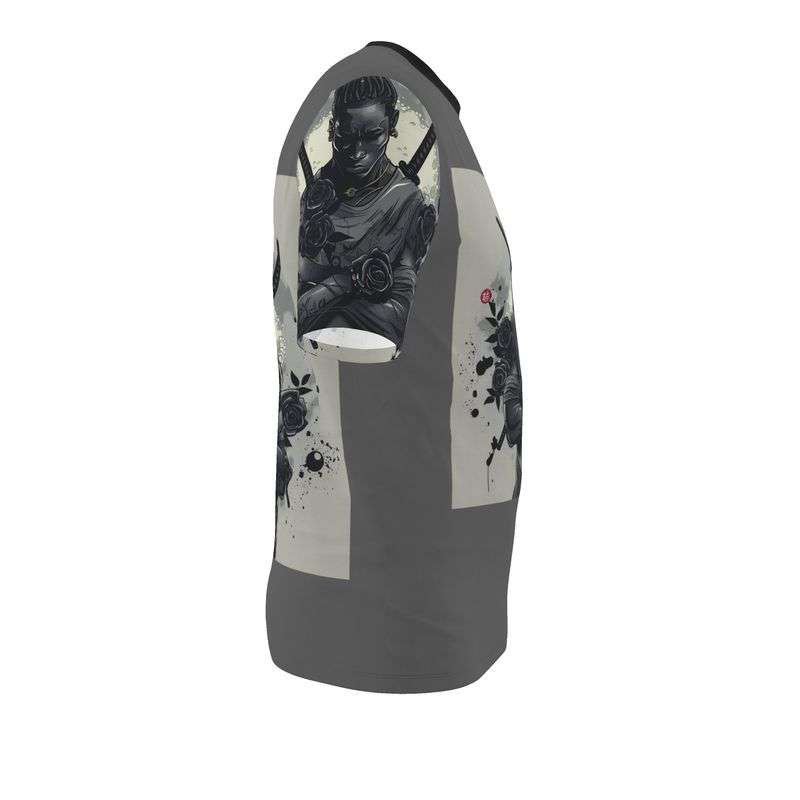 Grey long-sleeve men's T-shirt with ninja graphic and swords formed from black rose petals — additional view 8