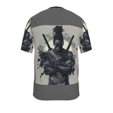 Grey long-sleeve men's T-shirt with ninja graphic and swords formed from black rose petals — additional view 9