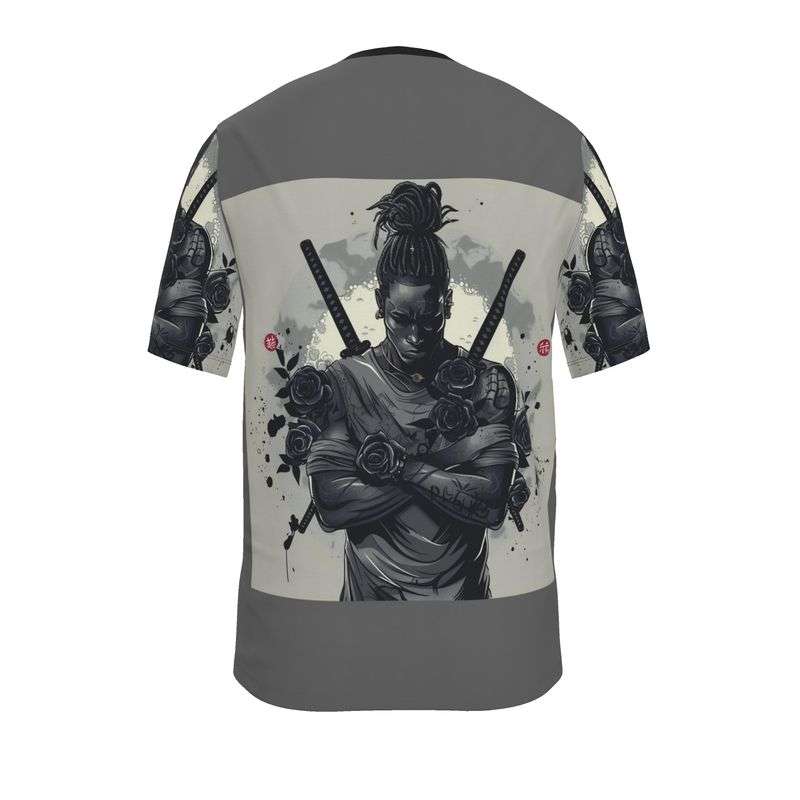 Grey long-sleeve men's T-shirt with ninja graphic and swords formed from black rose petals — additional view 9