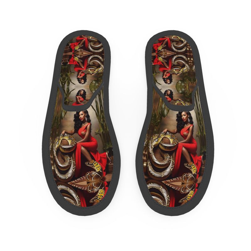Brown women's slippers with caricature print, neoprene upper and padded leatherette soles — product detail