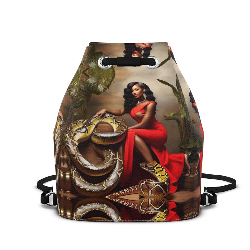 Red Nappa leather bucket drawstring backpack with adjustable straps and faux suede lining — alternate view