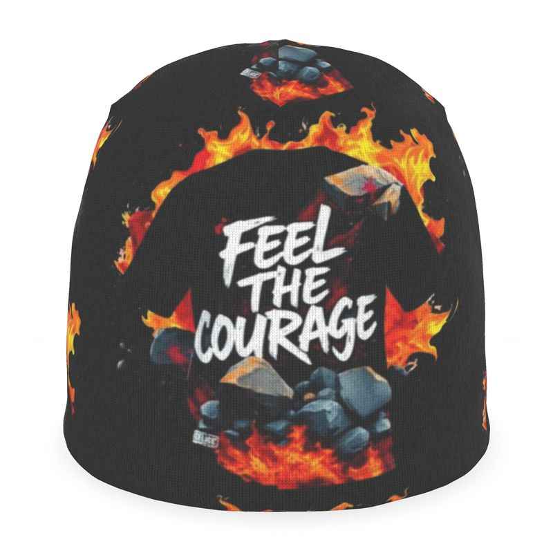 Black reversible beanie with 'Feel The Courage' design, available in sizes XS to XXL