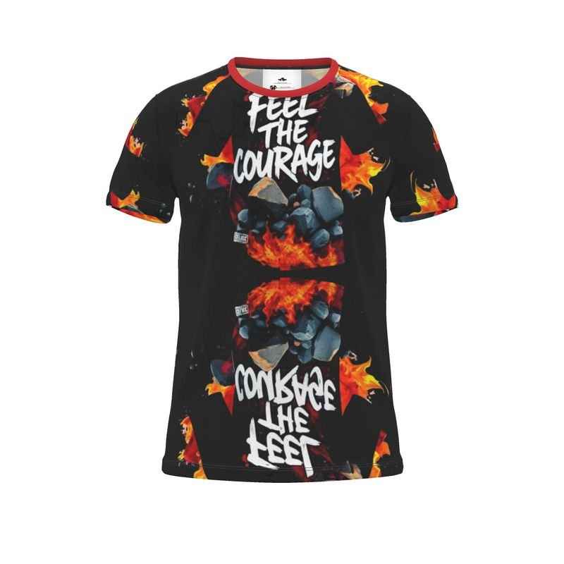Black men's t-shirt with 'Courage' design, rounded ribbed neckline and relaxed fit — side view