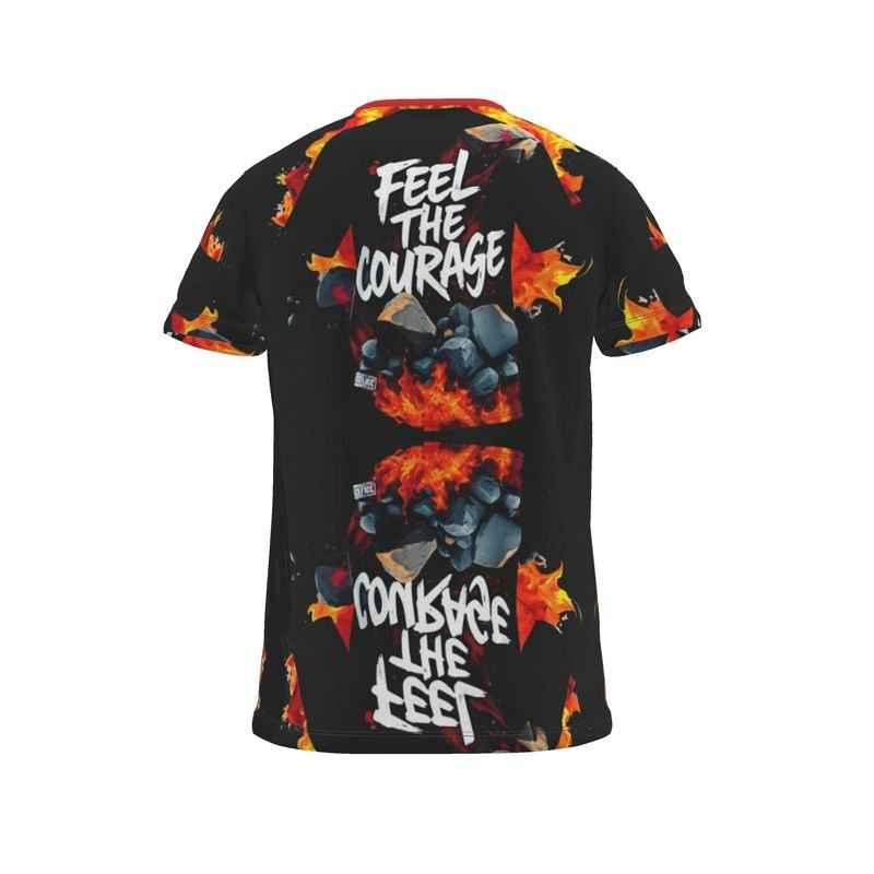 Black men's t-shirt with 'Courage' design, rounded ribbed neckline and relaxed fit — rear view