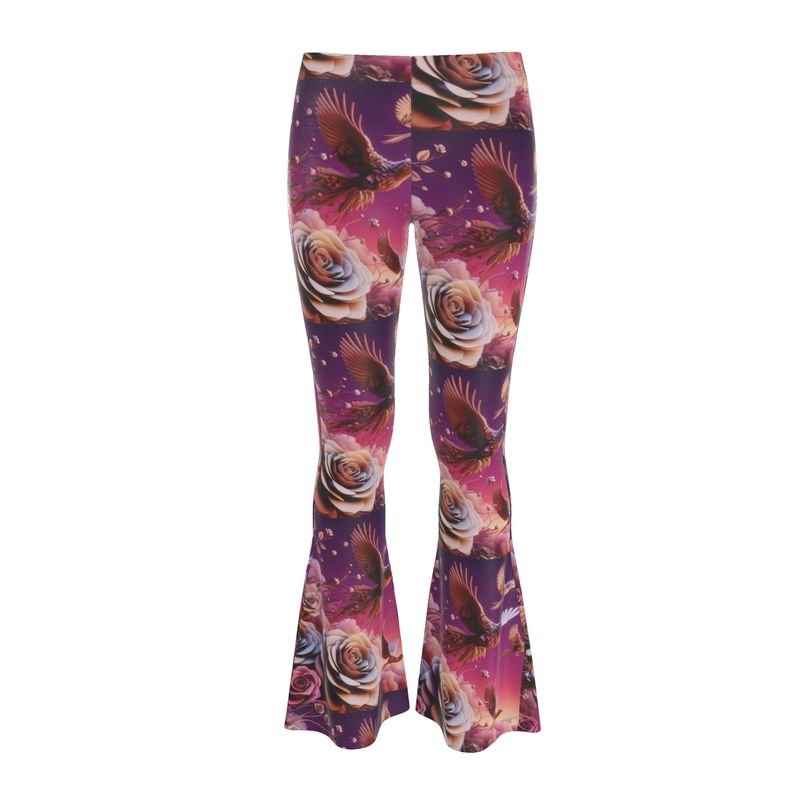 Pink high-waisted flared leggings with floral and bird abstract print