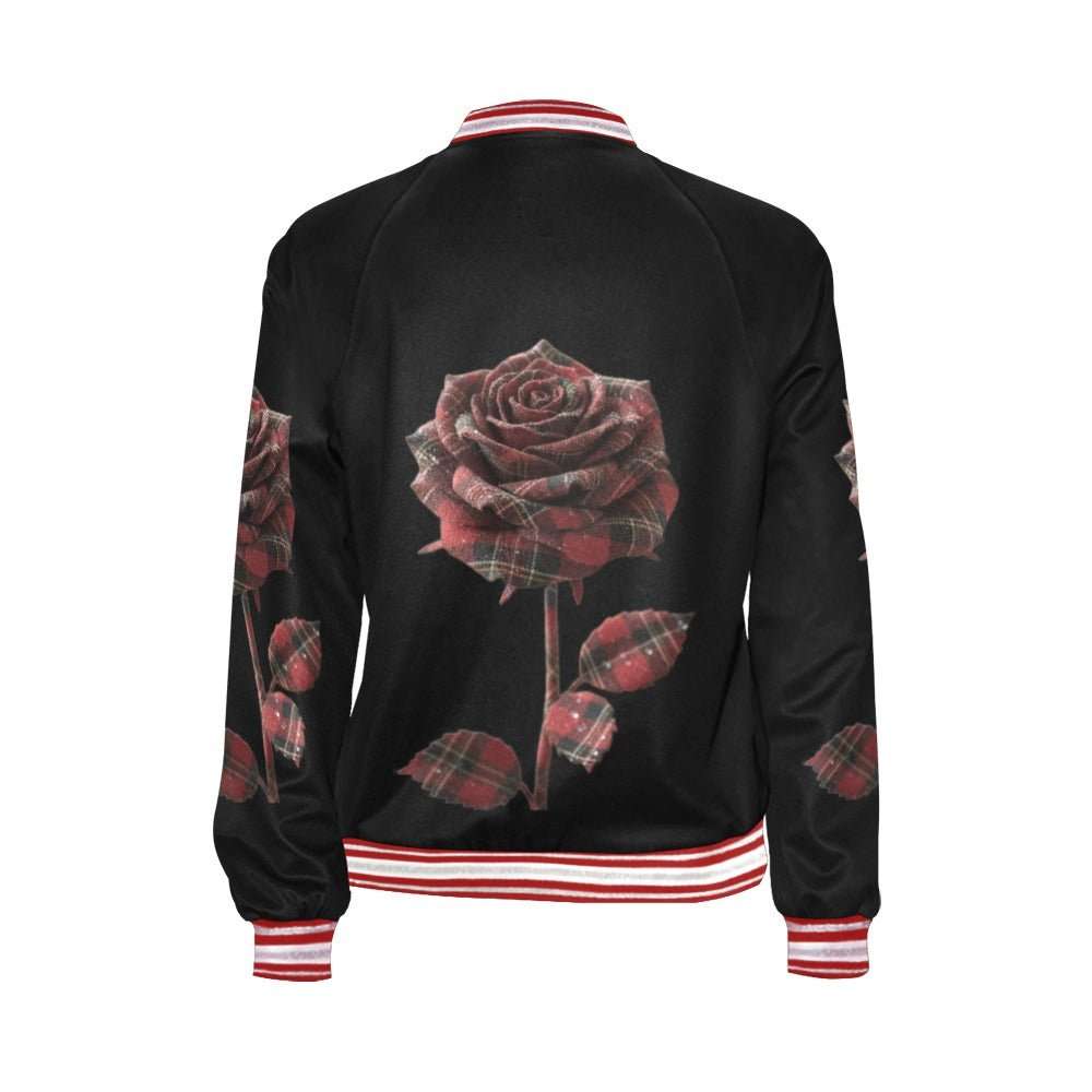 Red plaid rose women's bomber jacket with ribbed collar and zipper front — product detail