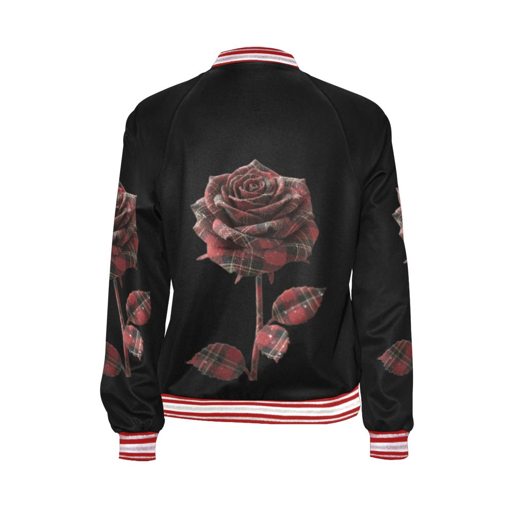 Rich and Rich Red Plaid Rose Women's Bomber Jacket