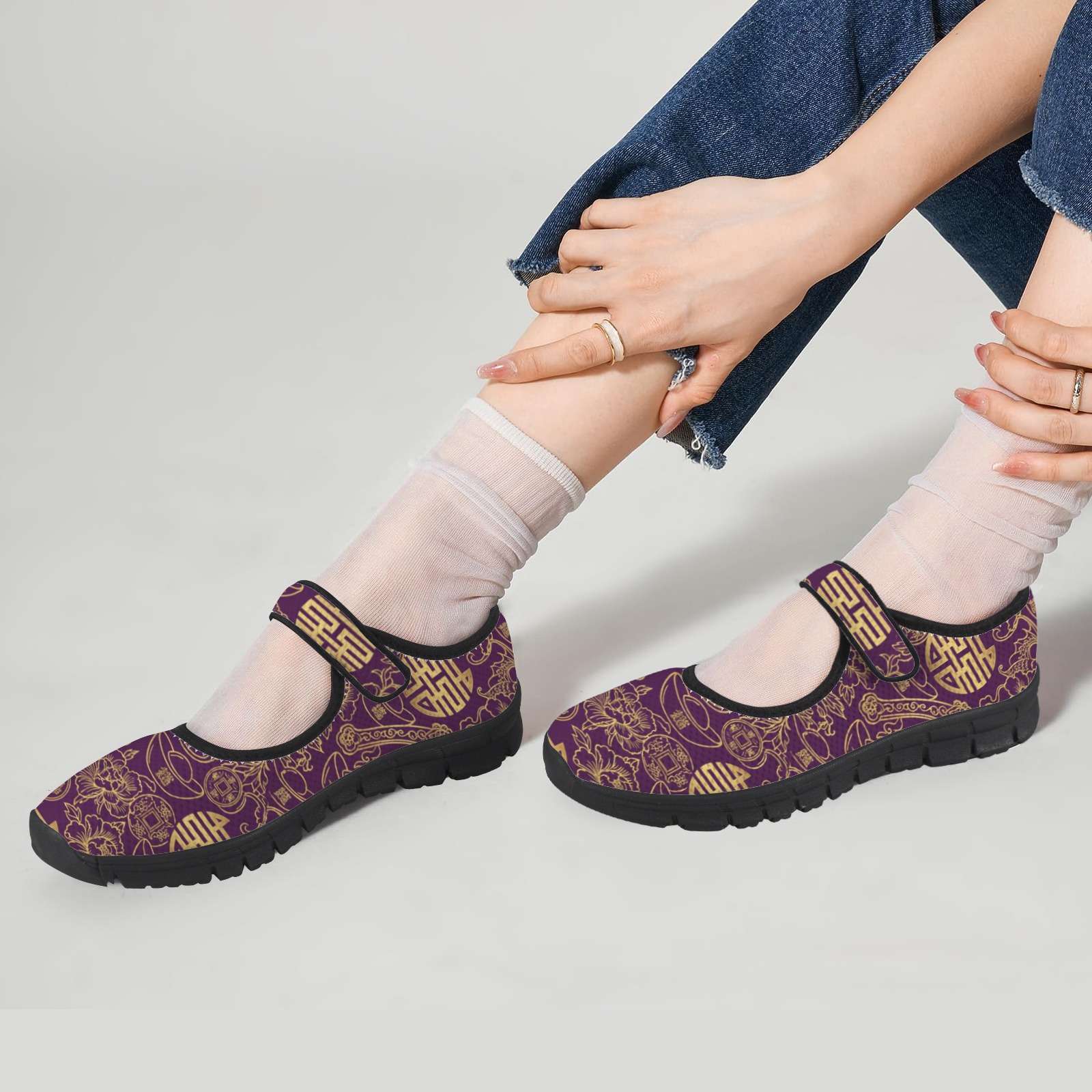 Purple Feng Shui patterned women's Mary Jane shoe with Velcro strap and mesh upper — additional view 9