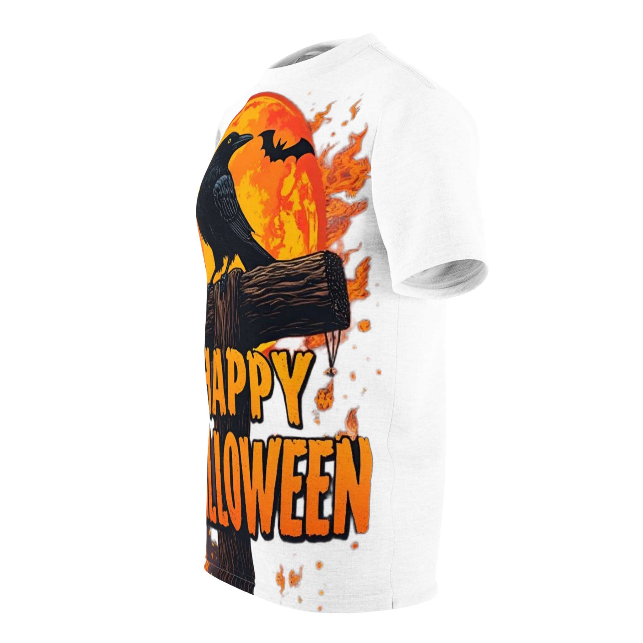 Unisex tee with crow silhouette and orange moon all-over print, crew neck and regular fit for Halloween — additional view 9