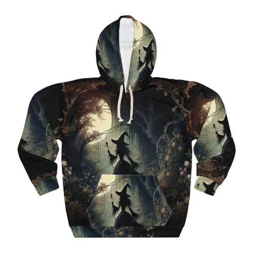 Mystical Witch Pullover Hoodie with intricate all-over witchy design, cozy fit, and vibrant autumn colors